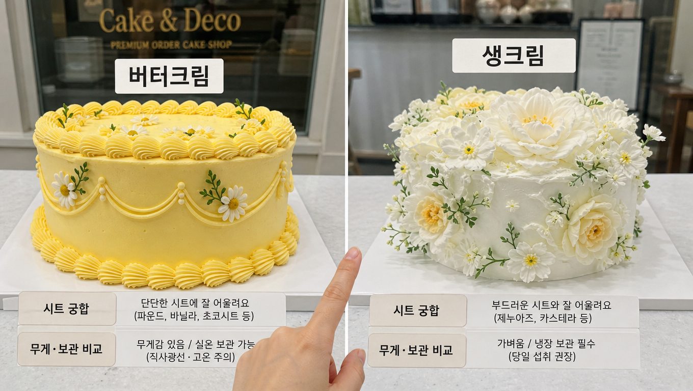 주문 제작 케이크 버터크림과 생크림 시트 궁합